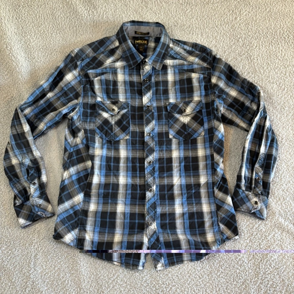 Helix Mens Shirt Large Western Blue & Black Plaid Pearl Snap Cowboy Rodeo